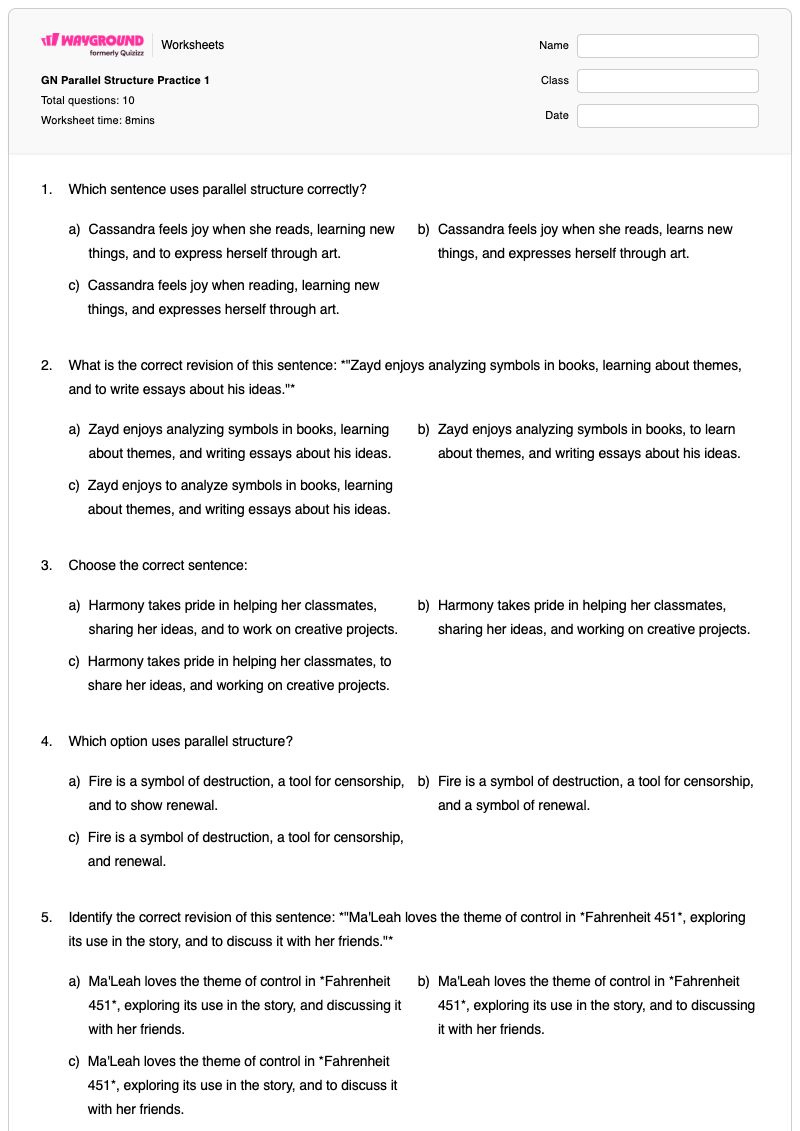 GN Parallel Structure Practice 1 - พิมพ์ได้ โครงสร้างคู่ขนาน เวิร์กชีท ระดับ 9 - Wayground
