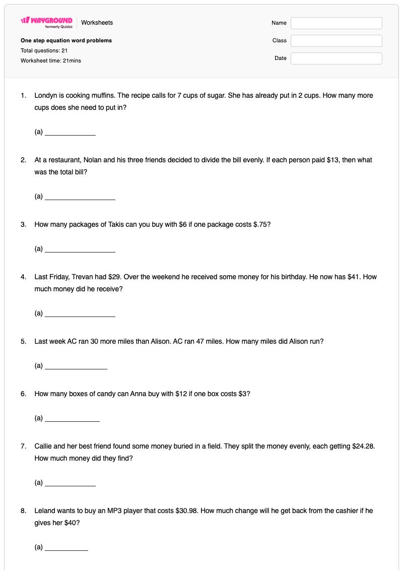 One step equation word problems - พิมพ์ได้ สมการขั้นตอนเดียว เวิร์กชีท - Wayground