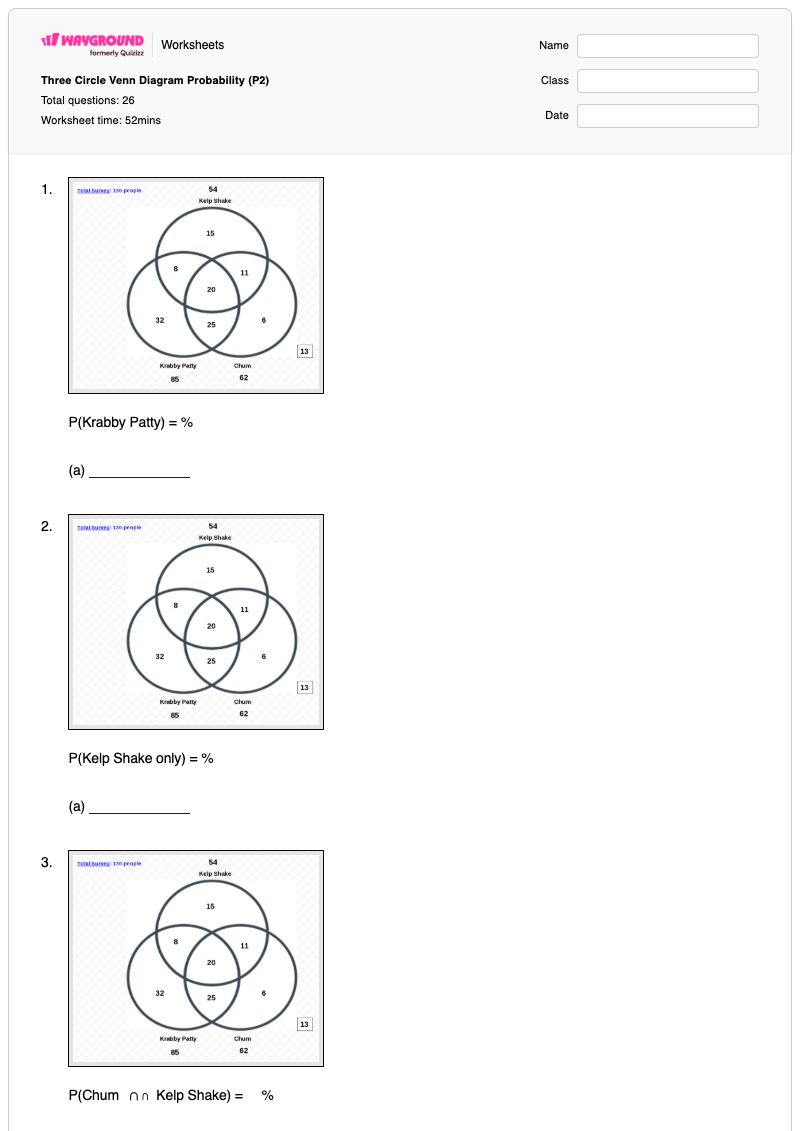 Three Circle Venn Diagram Probability (P2) - Printable Venn-diagrams Worksheets - Wayground