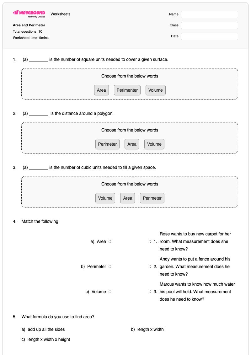 Area and Perimeter  - Printable Area-and-perimeter Worksheets Grade 5 - Wayground