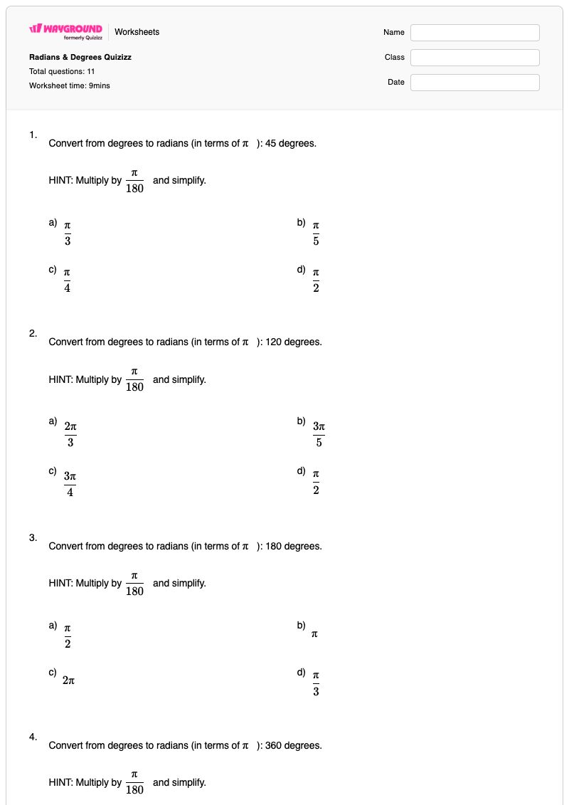 Radians & Degrees Quizizz - Printable Radians-and-degrees Worksheets - Wayground