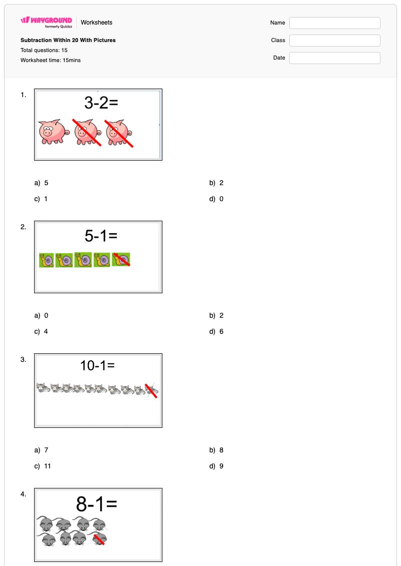 Subtraction Within 20 With Pictures - Printable Subtraction-within-20 Worksheets Year 3 - Wayground