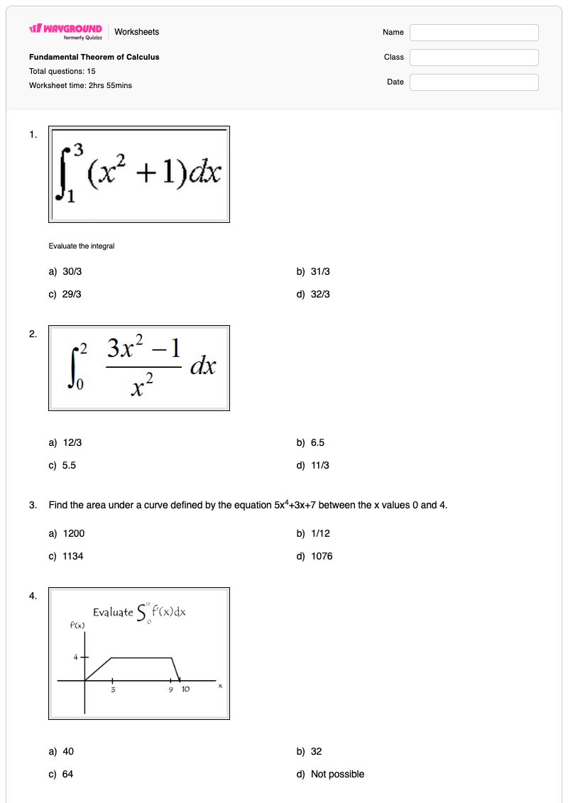 Fundamental Theorem of Calculus - Printable Calculus Worksheets - Wayground