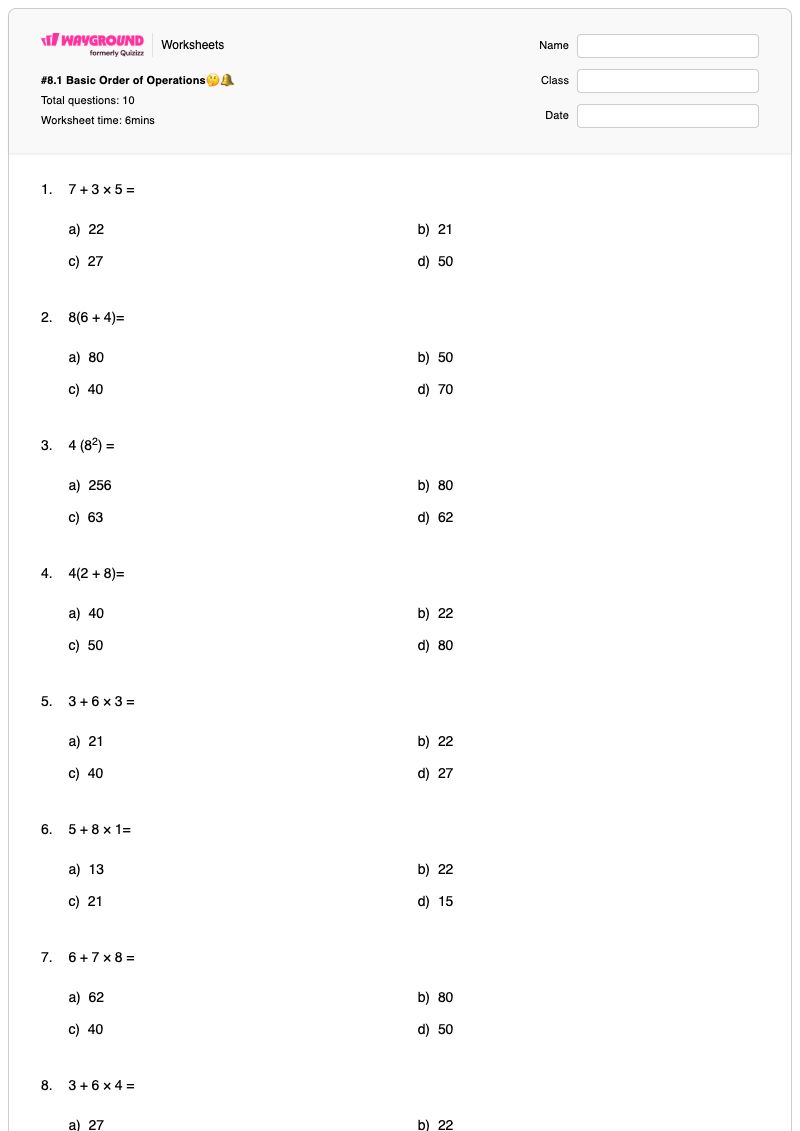 #8.1 Basic Order of Operations🤔🔔 - Printable The-basics Worksheets - Wayground