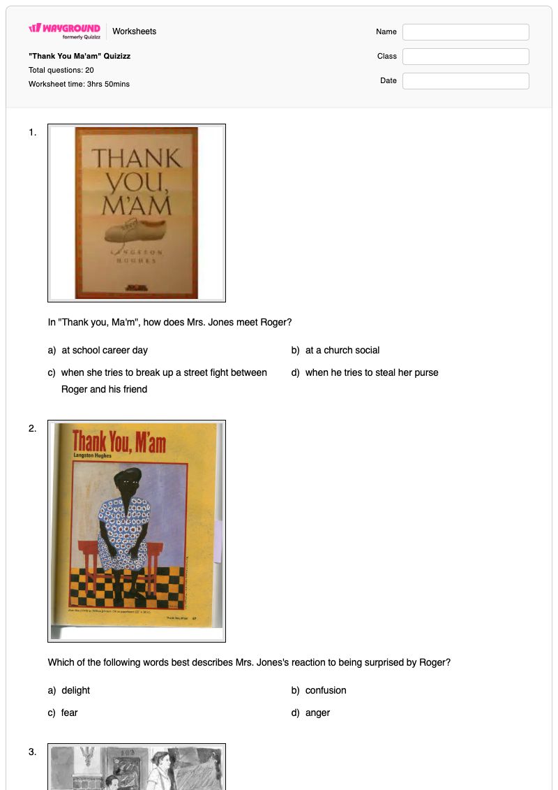"Thank You Ma'am" Quizizz - Dapat dicetak Langston-hughes Lembar-kerja Kelas 6 - Wayground