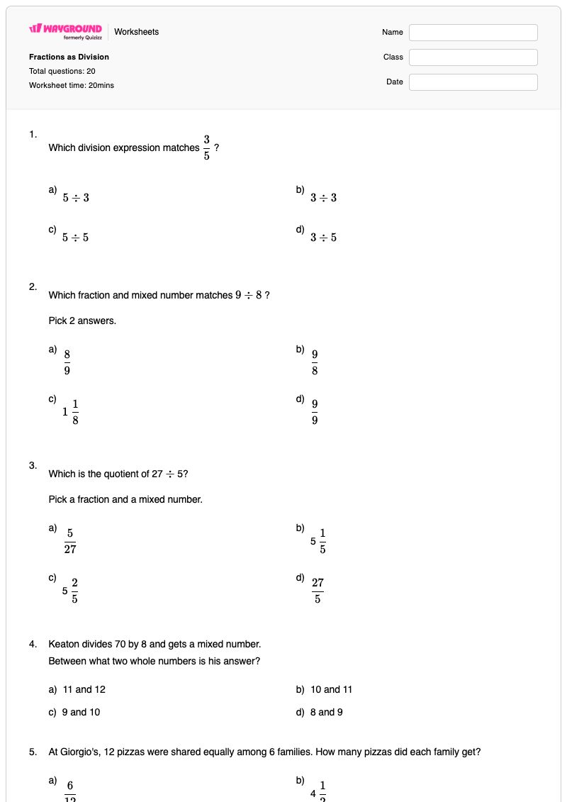 Fractions as Division - Printable Division Worksheets - Wayground