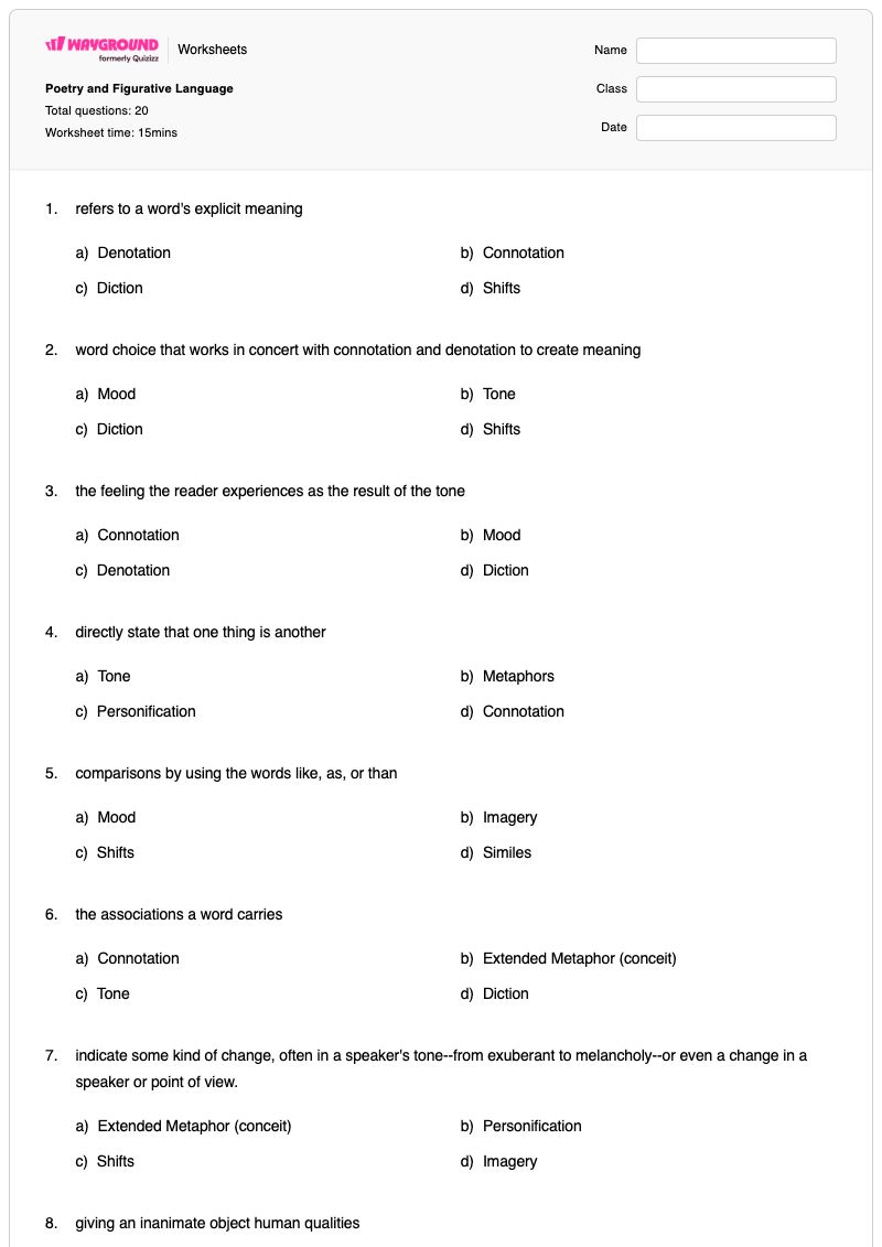 Poetry and Figurative Language - พิมพ์ได้ ภาษาเปรียบเทียบ เวิร์กชีท - Wayground
