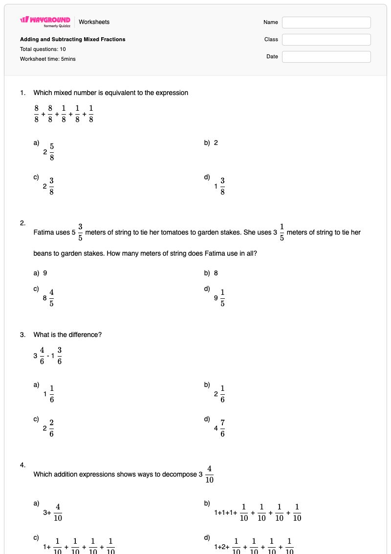 Adding and Subtracting Mixed Fractions - Printable Mixed-addition-and-subtraction Worksheets Class 4 - Wayground
