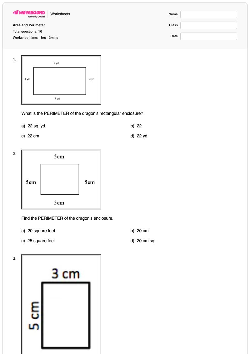Area and Perimeter - พิมพ์ได้ พื้นที่และปริมณฑล เวิร์กชีท - Wayground