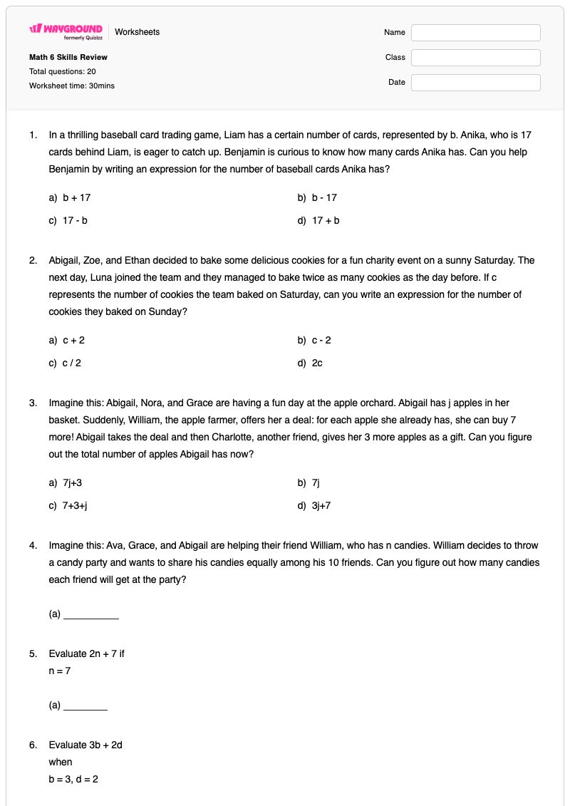 Math 6 Skills Review - Printable Class 6 Worksheets - Wayground