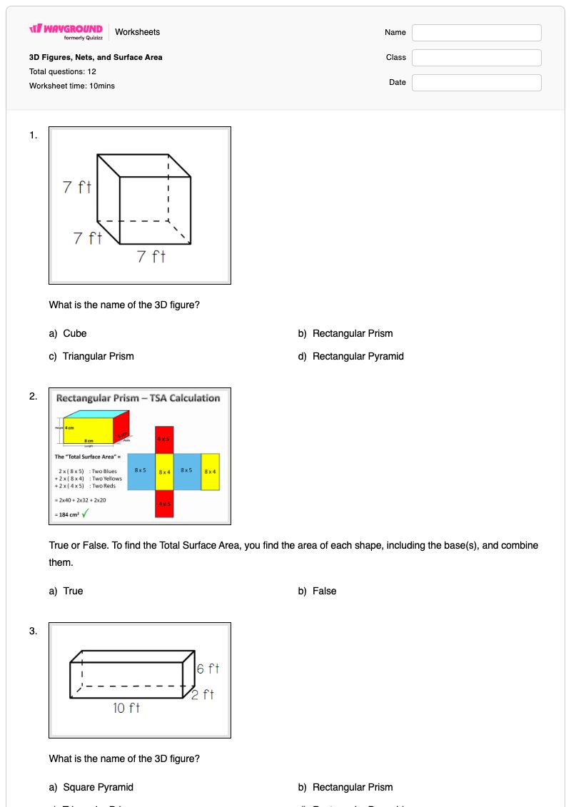 3D Figures, Nets, and Surface Area - Printable Slicing-3d-figures Worksheets Year 7 - Wayground