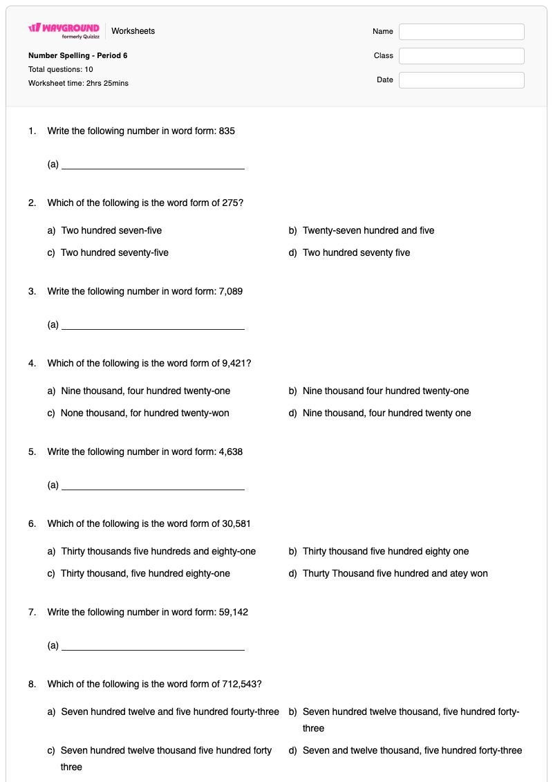 Number Spelling - Period 6 - Printable Writing-numbers-in-words Worksheets - Wayground
