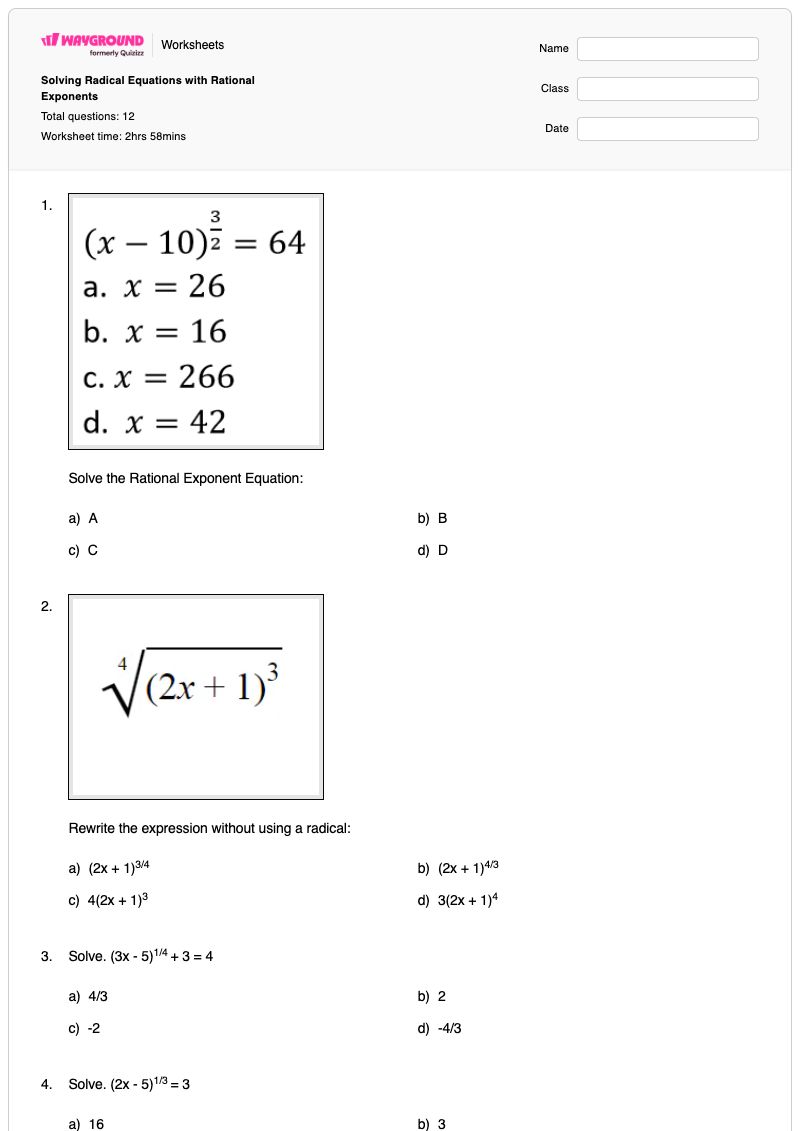 Solving Radical Equations with Rational Exponents - พิมพ์ได้ Solving-radical-equations เวิร์กชีท - Wayground