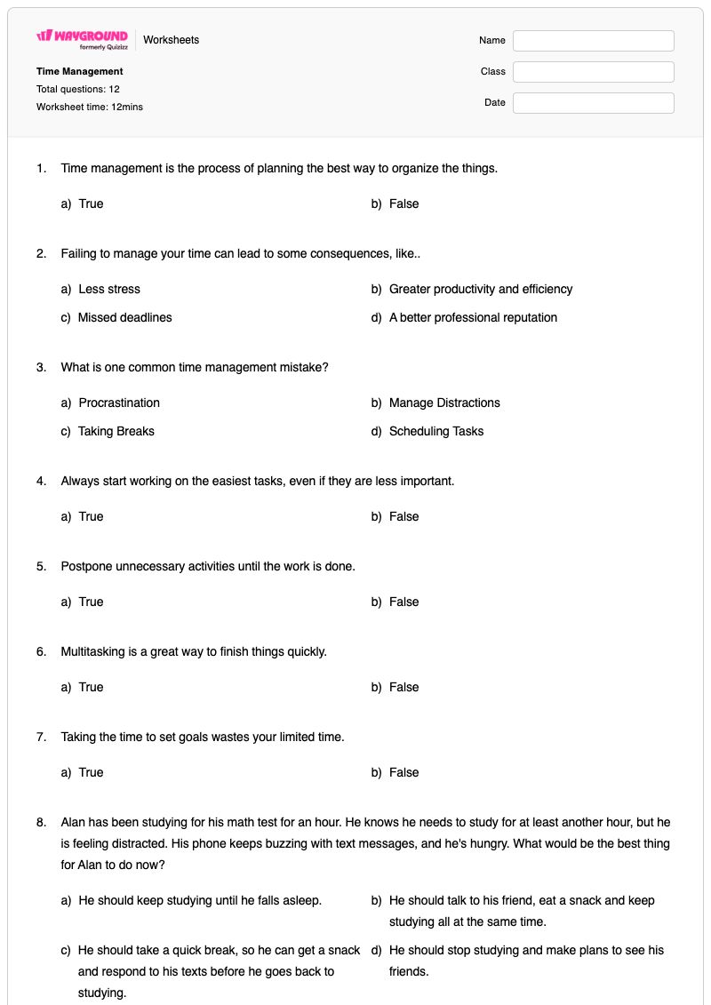 Time Management - Printable Time Worksheets - Wayground