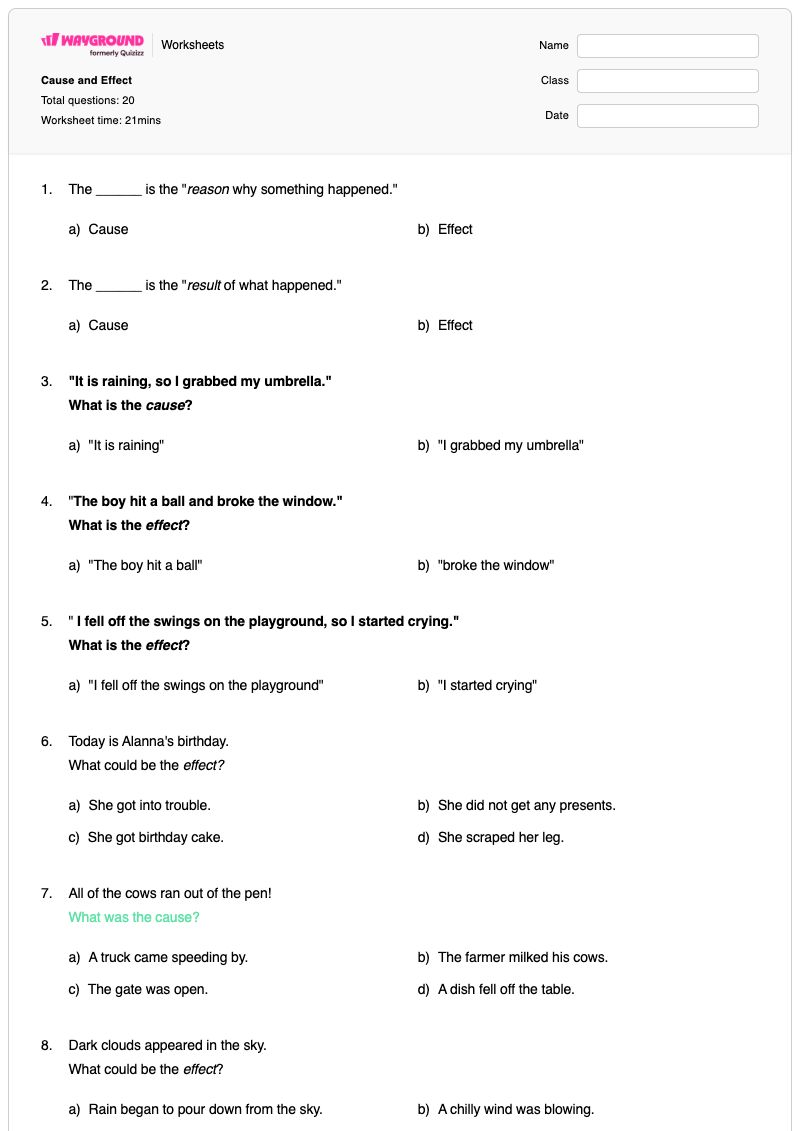 Cause and Effect - Printable Identifying-cause-and-effect-in-fiction Worksheets Class 3 - Wayground