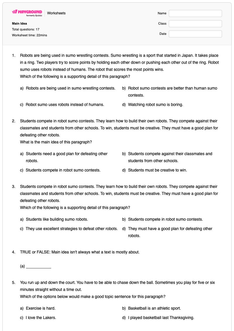 Main Idea - Printable Key-ideas-and-details Worksheets Class 10 - Wayground