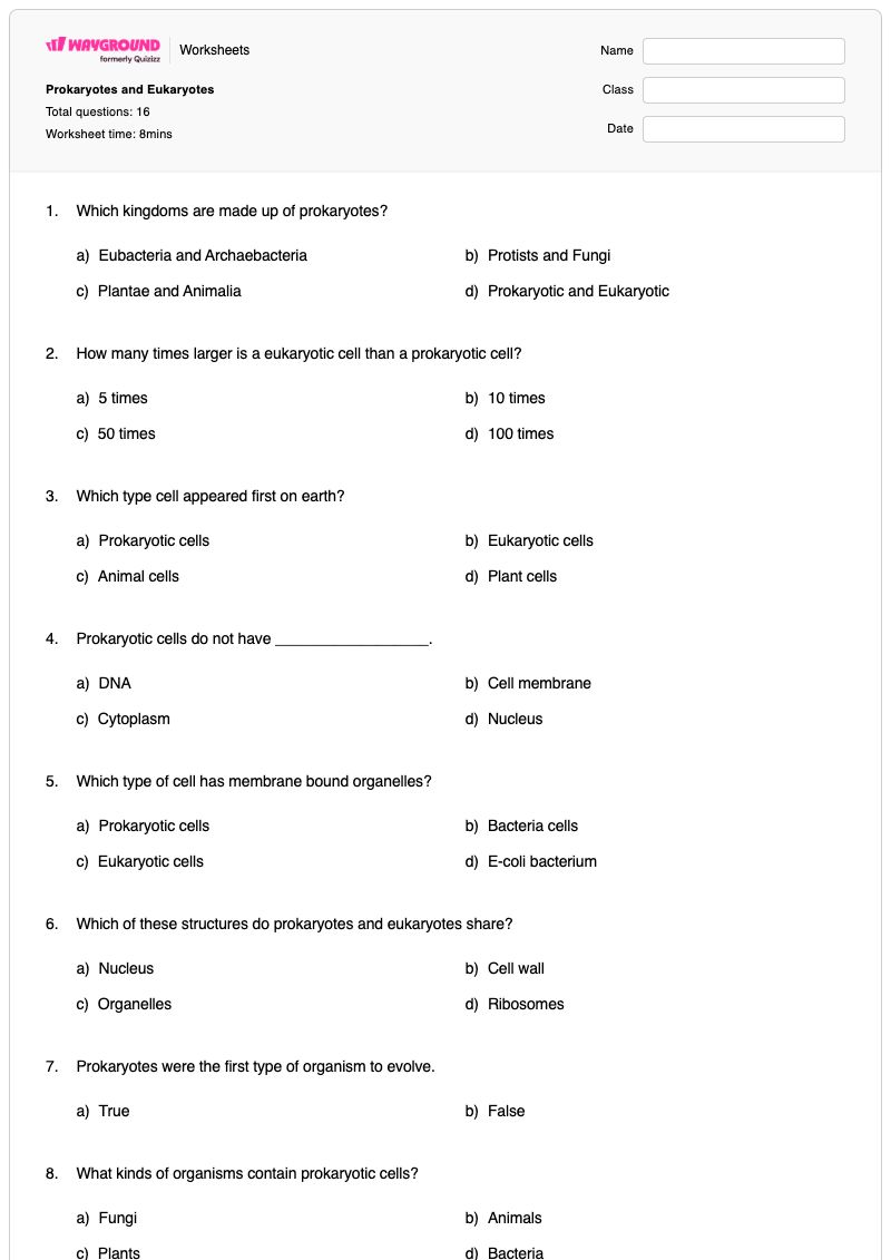 Prokaryotes and Eukaryotes - พิมพ์ได้ โพรคาริโอตและยูคาริโอต เวิร์กชีท - Wayground