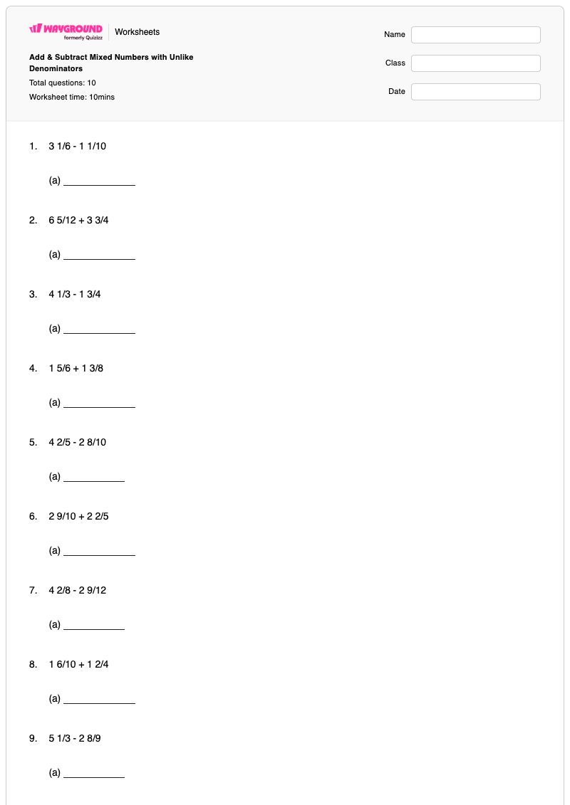 Add & Subtract Mixed Numbers with Unlike Denominators - พิมพ์ได้ การลบจำนวนคละ เวิร์กชีท - Wayground