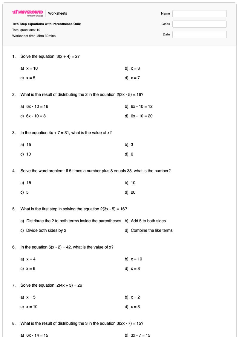 Two Step Equations with Parentheses Quiz - พิมพ์ได้ สมการสองขั้นตอน เวิร์กชีท - Wayground