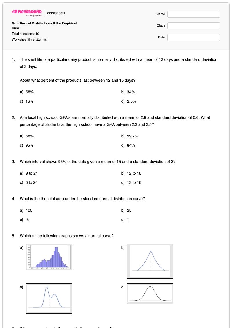 Quiz Normal Distributions & the Empirical Rule - พิมพ์ได้ Empirical-rule เวิร์กชีท ระดับ 12 - Wayground