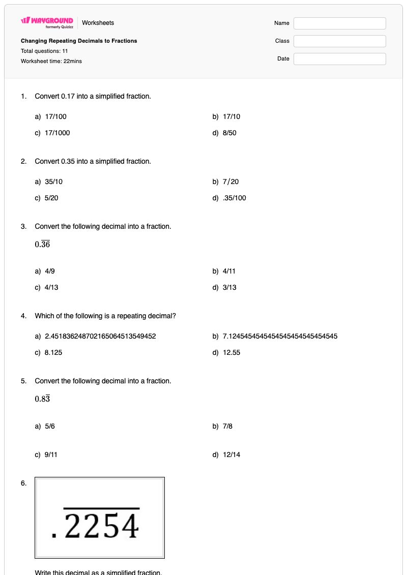 Changing Repeating Decimals to Fractions - Printable Converting-decimals-and-fractions Worksheets Class 8 - Wayground