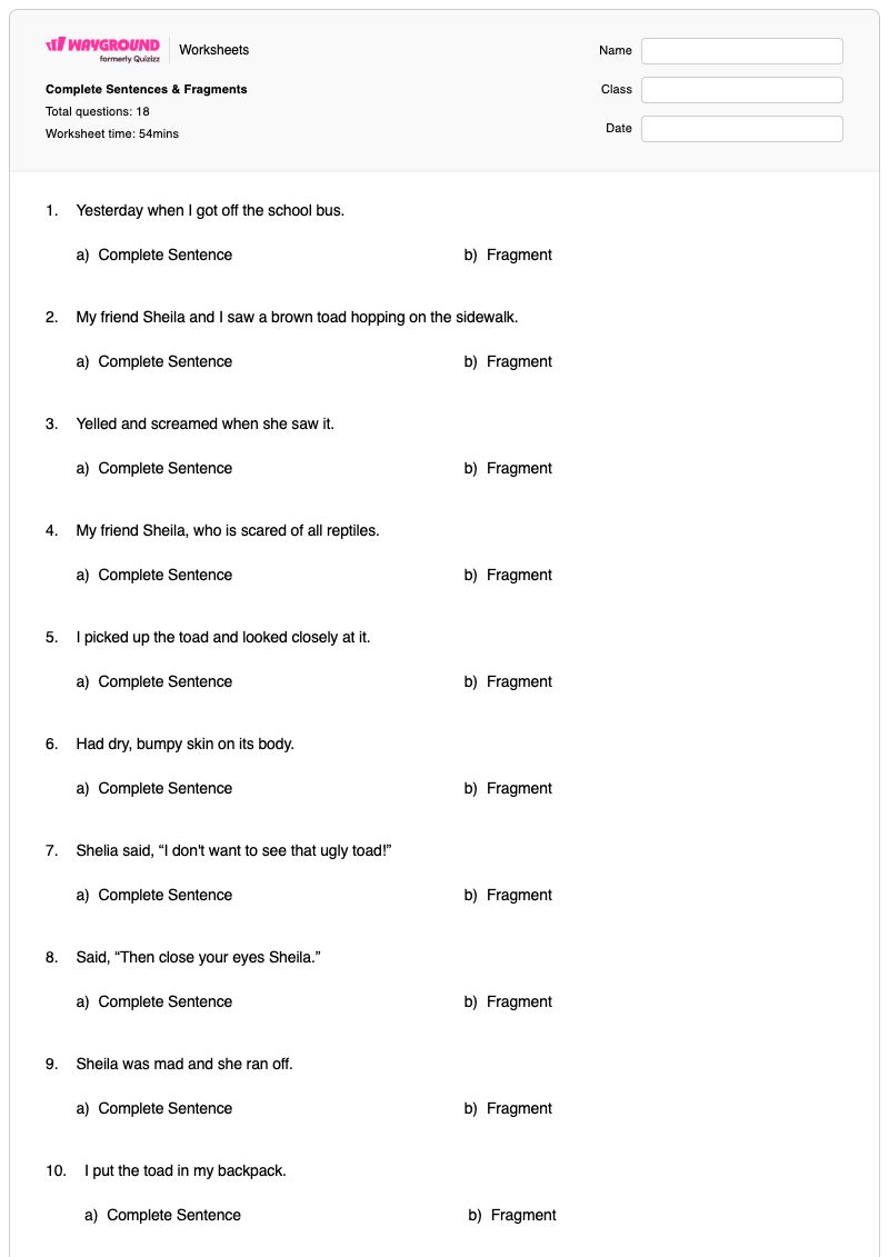 Complete Sentences & Fragments - Printable Sentences-and-fragments Worksheets Class 4 - Wayground