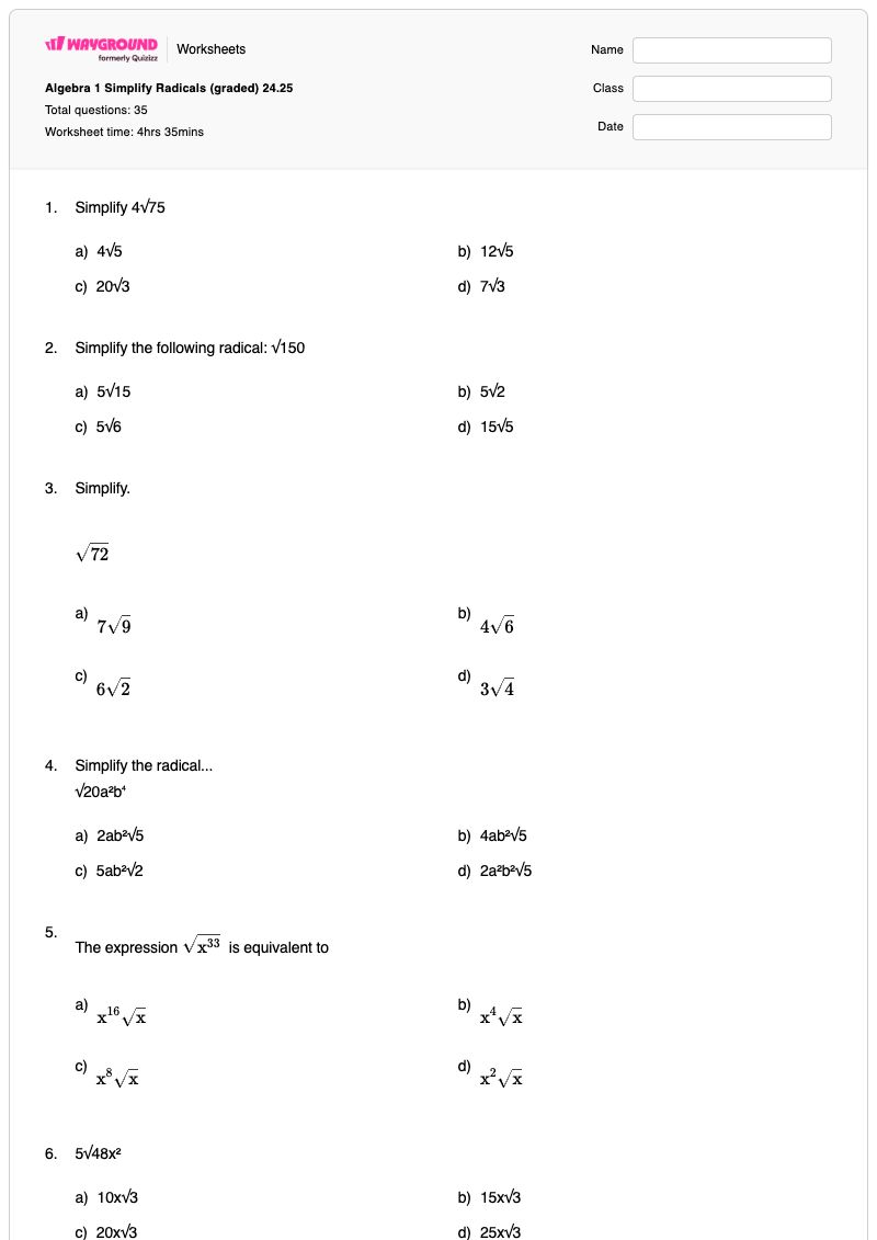 Algebra 1 Simplify Radicals (graded) 24.25 - Printable Algebra Worksheets - Wayground