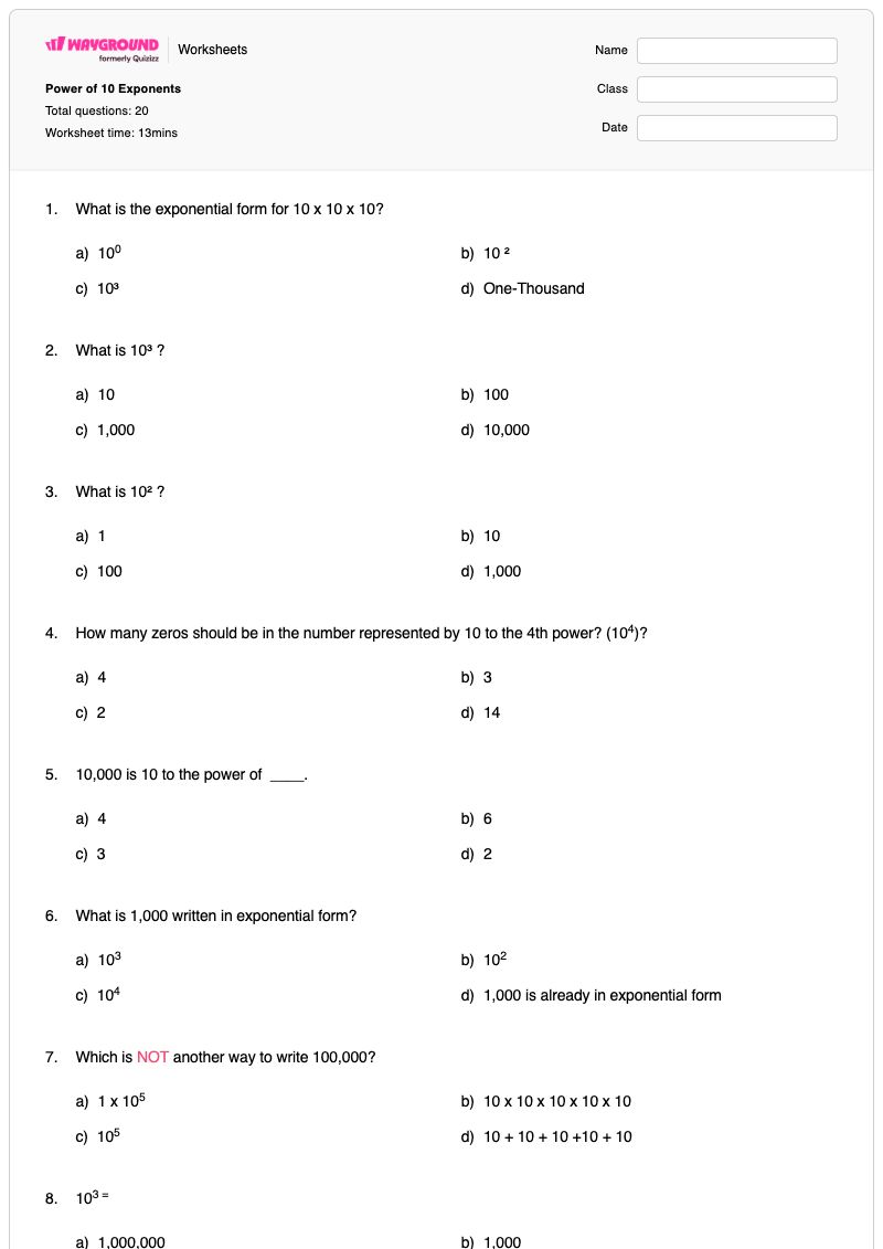 Power of 10 Exponents - Printable Powers-of-10 Worksheets - Wayground