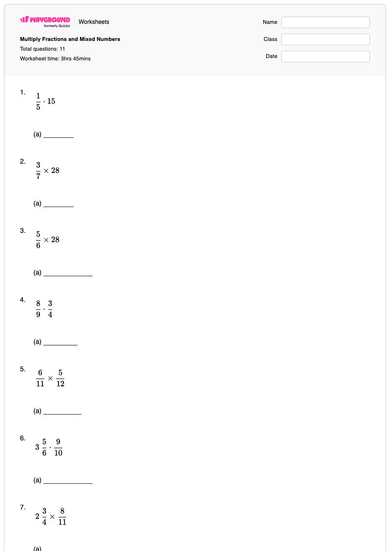 Multiply Fractions and Mixed Numbers - Printable Multiplying-whole-numbers-and-mixed-numbers Worksheets - Wayground