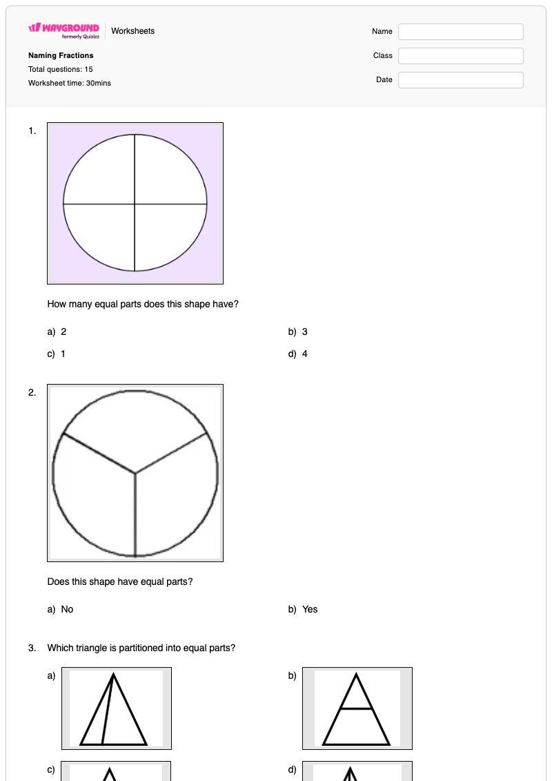 Naming Fractions - พิมพ์ได้ Tracing-shapes เวิร์กชีท ระดับ 3 - Wayground