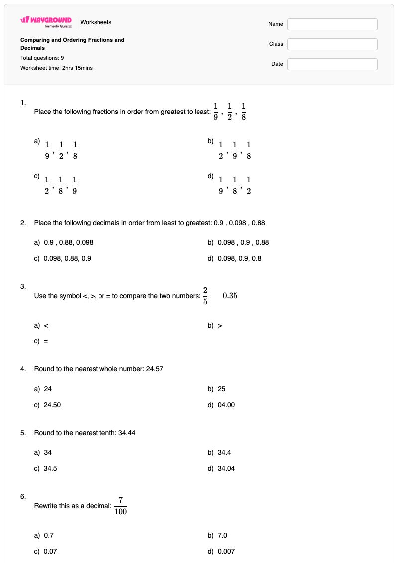 Comparing and Ordering Fractions and Decimals - พิมพ์ได้ การเรียงลำดับทศนิยม เวิร์กชีท - Wayground