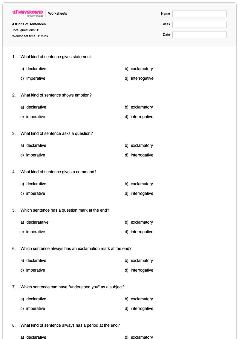 4 Kinds of sentences - พิมพ์ได้ Declarative-and-interrogative-sentences เวิร์กชีท ระดับ 1 - Wayground