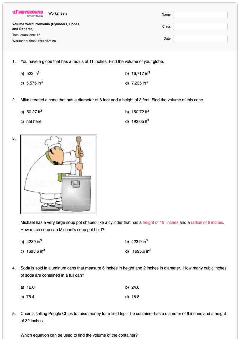 Volume Word Problems (Cylinders, Cones, and Spheres) - พิมพ์ได้ ปริมาตรของกระบอกสูบ เวิร์กชีท - Wayground