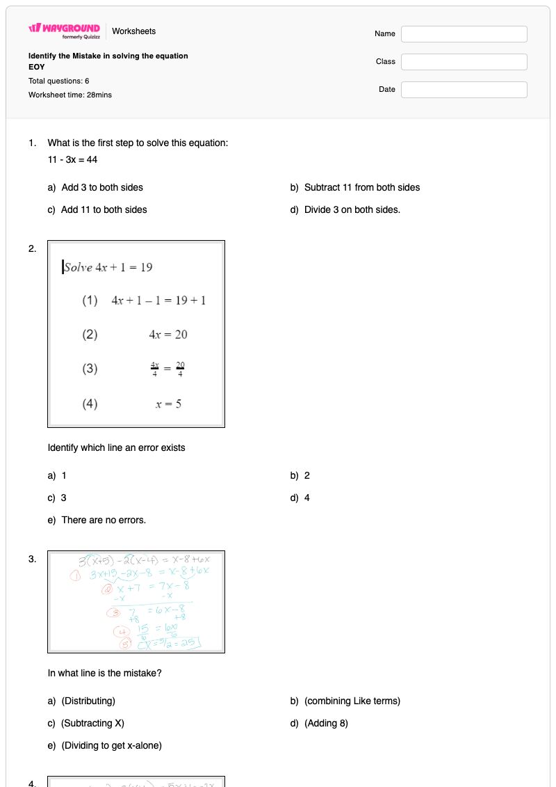 Identify the Mistake in solving the equation EOY - Printable Algebra Worksheets - Wayground
