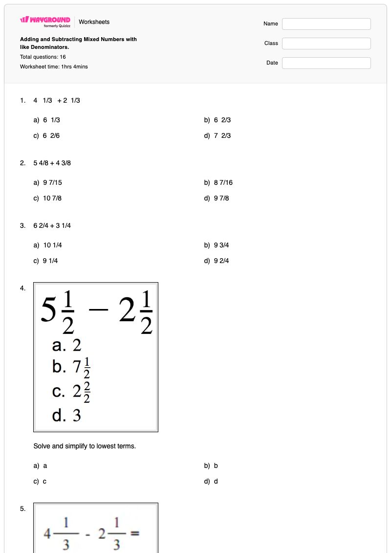 Adding and Subtracting Mixed Numbers with like Denominators. - Printable Adding-and-subtracting-mixed-numbers Worksheets Year 4 - Wayground