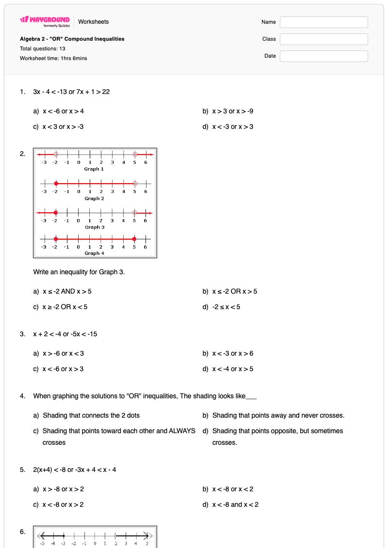 Algebra 2 - "OR" Compound Inequalities - Printable Algebra-2 Worksheets - Wayground
