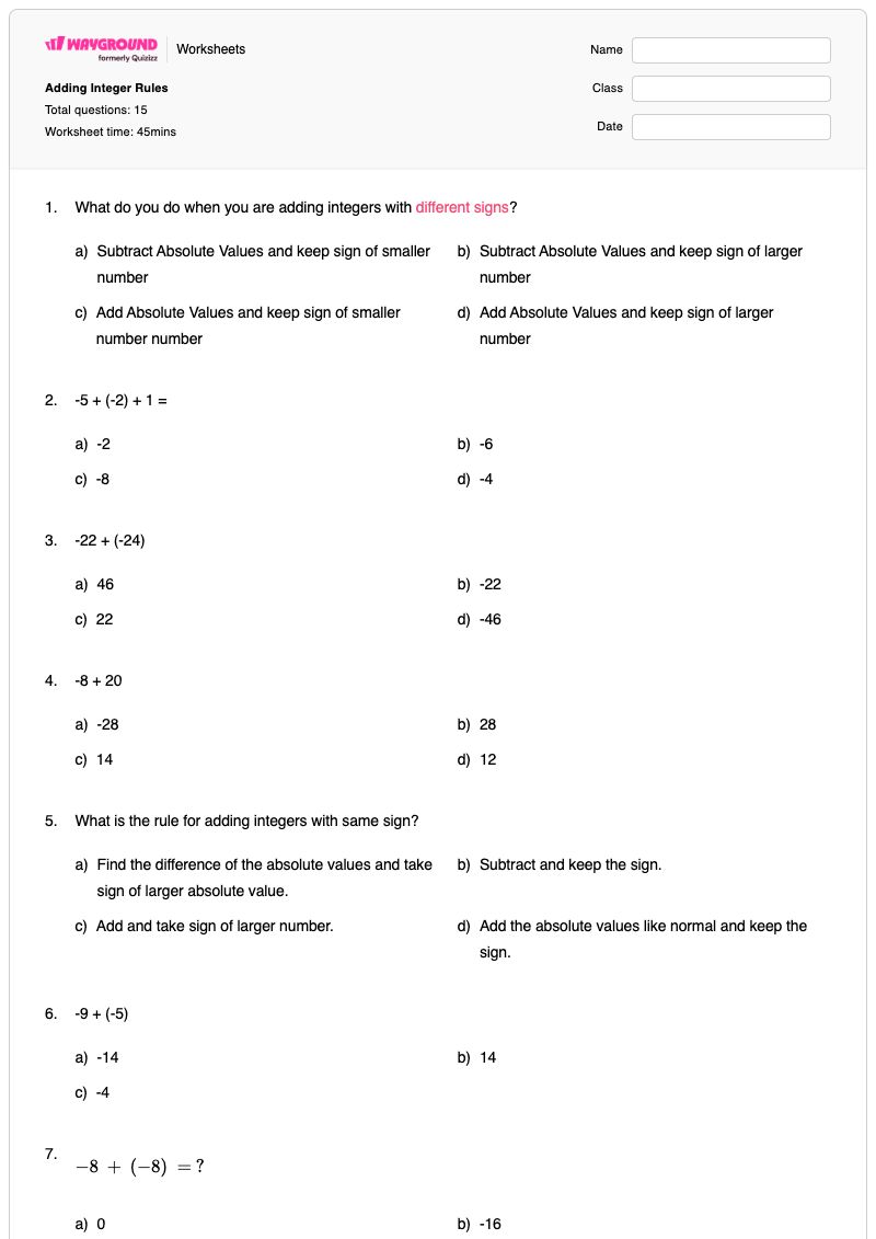 Adding Integer Rules  - พิมพ์ได้ กฎจำนวนเต็ม เวิร์กชีท ระดับ 6 - Wayground