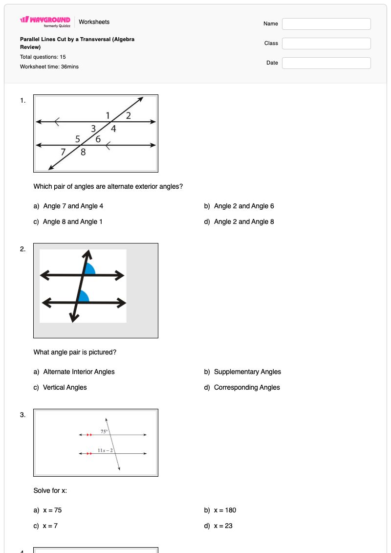 Parallel Lines Cut by a Transversal (Algebra Review) - พิมพ์ได้ เส้นตัดขวางของเส้นขนาน เวิร์กชีท - Wayground