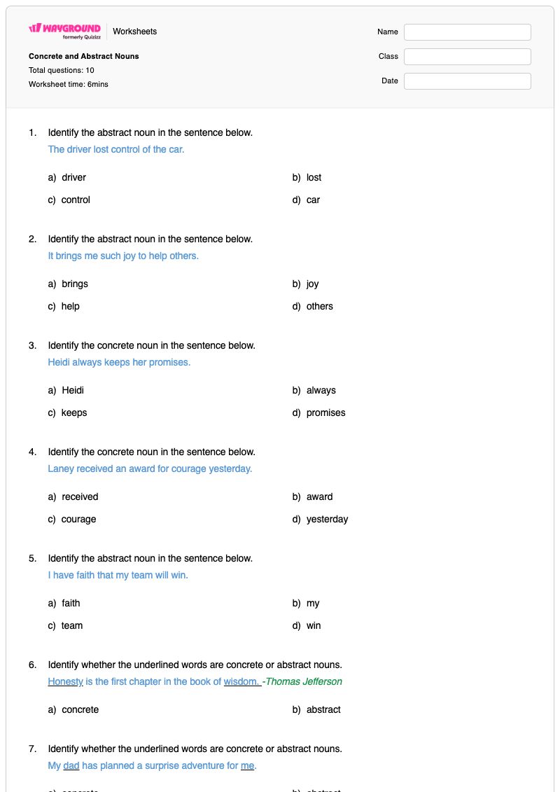 Concrete and Abstract Nouns - Printable Noun-identification Worksheets Year 3 - Wayground