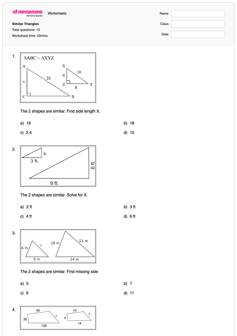 Similar Triangles - พิมพ์ได้ Finding-missing-sides เวิร์กชีท ระดับ 6 - Wayground