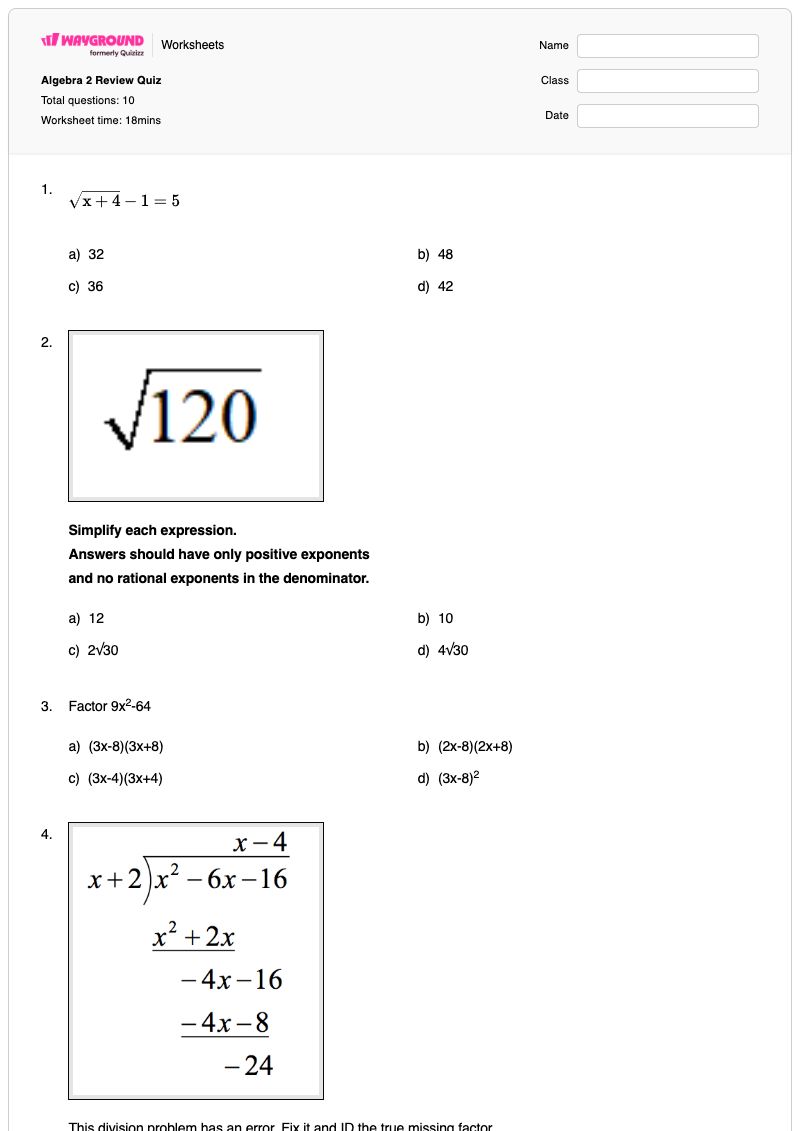 Algebra 2 Review Quiz - Printable Algebra-2 Worksheets - Wayground