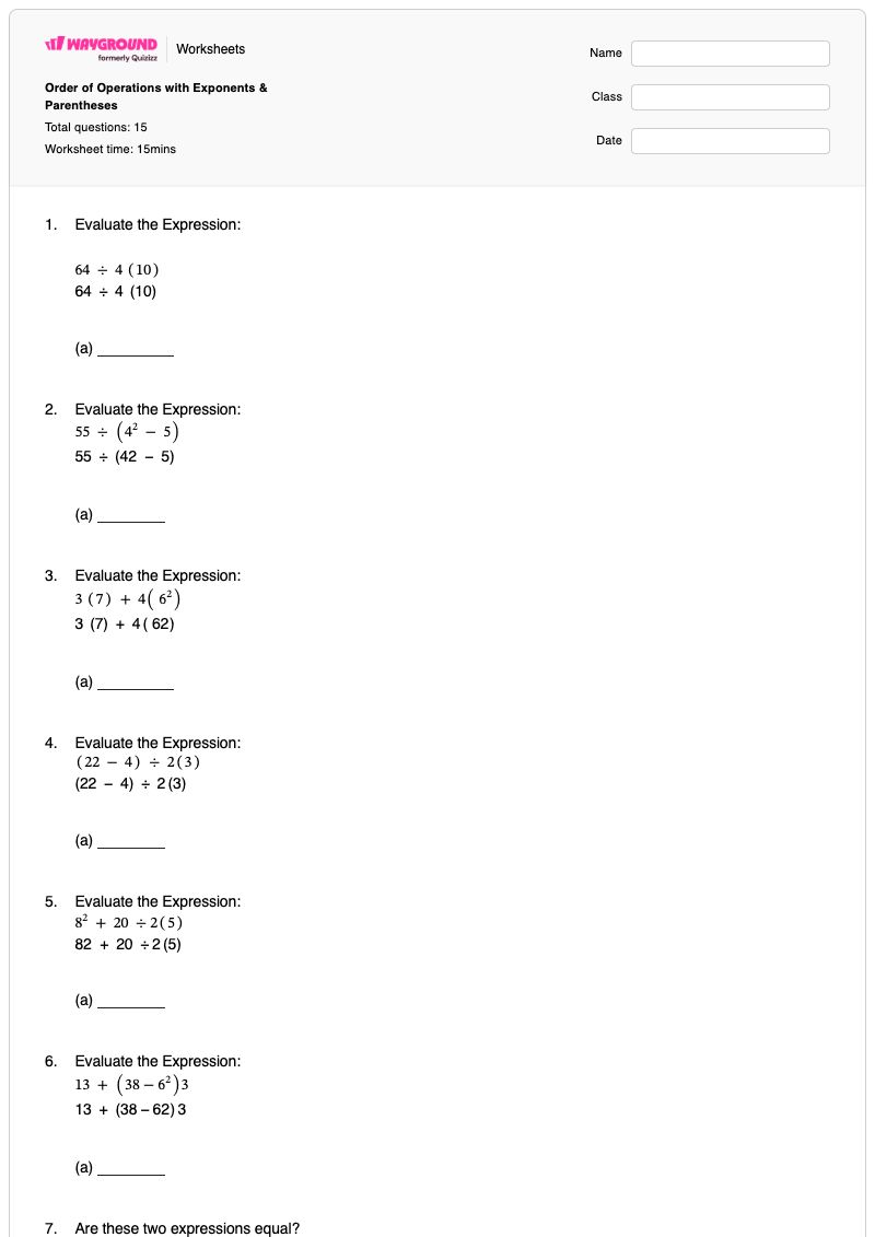 Order of Operations with Exponents & Parentheses - พิมพ์ได้ การดำเนินการยกกำลัง เวิร์กชีท - Wayground
