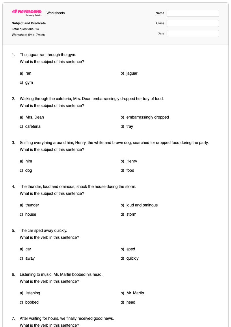 Subject and Predicate - พิมพ์ได้ Subject-and-predicate เวิร์กชีท ระดับ 6 - Wayground