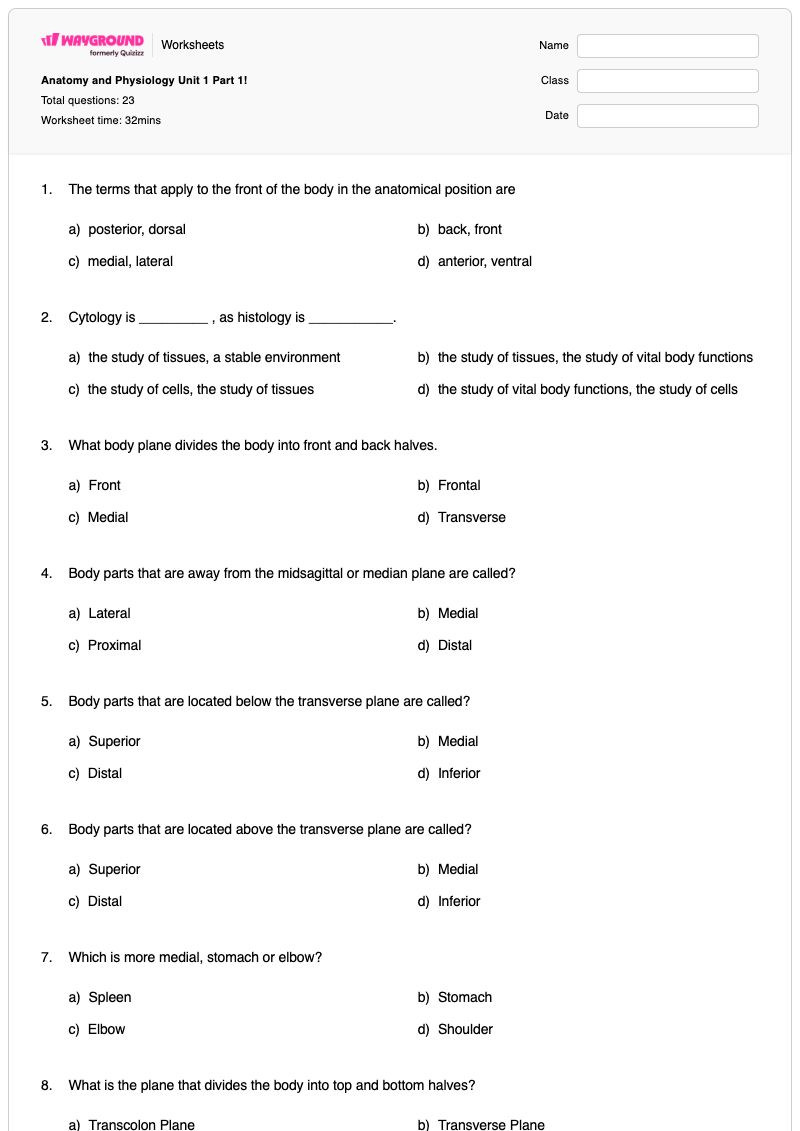 Anatomy and Physiology Unit 1 Part 1! - Printable Anatomy-and-physiology Worksheets - Wayground