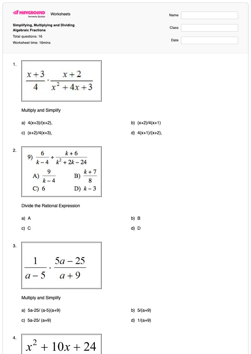Simplifying, Multiplying and Dividing Algebraic Fractions - Printable Multiplying-and-dividing-fractions Worksheets - Wayground