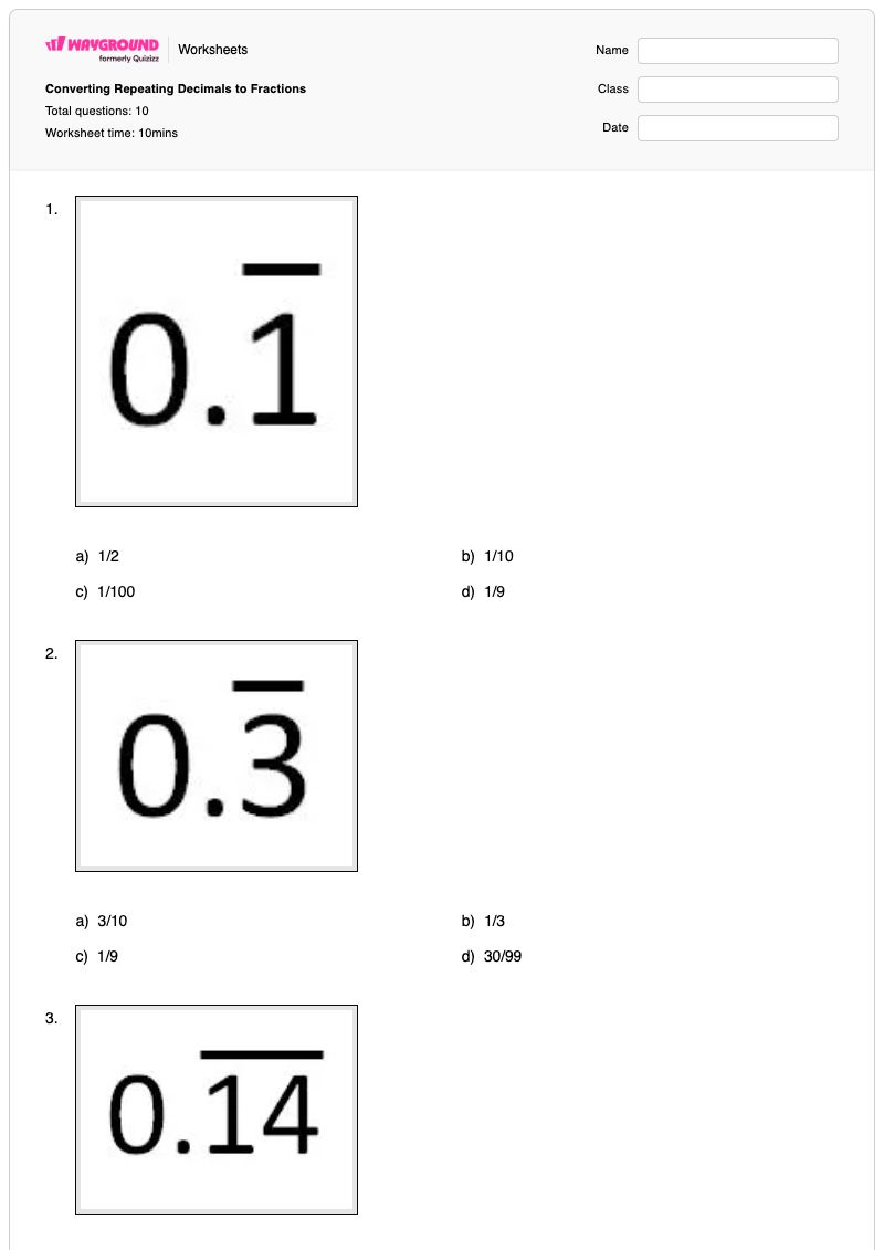 Converting Repeating Decimals to Fractions - Printable Converting-fractions-to-decimals Worksheets - Wayground