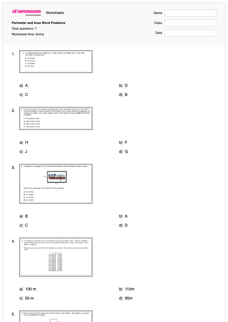 Perimeter and Area Word Problems - พิมพ์ได้ พื้นที่และปริมณฑล เวิร์กชีท - Wayground