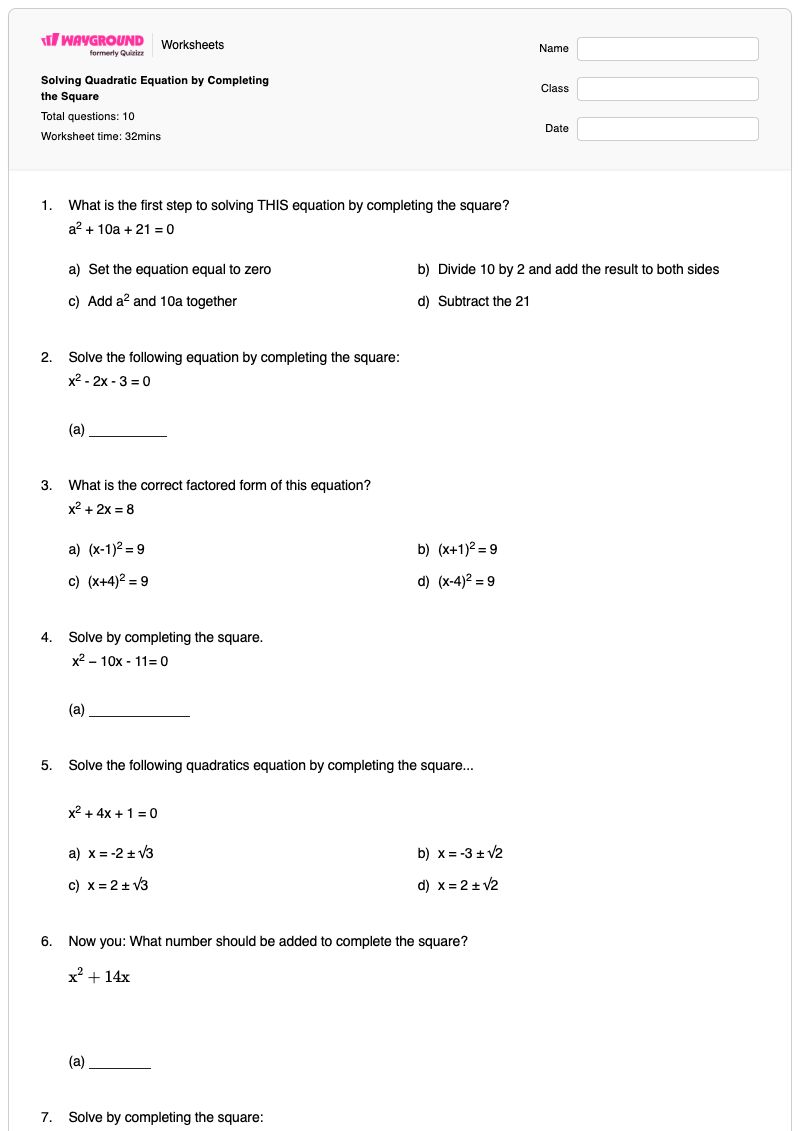 Solving Quadratic Equation by Completing the Square - พิมพ์ได้ การทำให้เป็นกำลังสองสมบูรณ์ เวิร์กชีท - Wayground