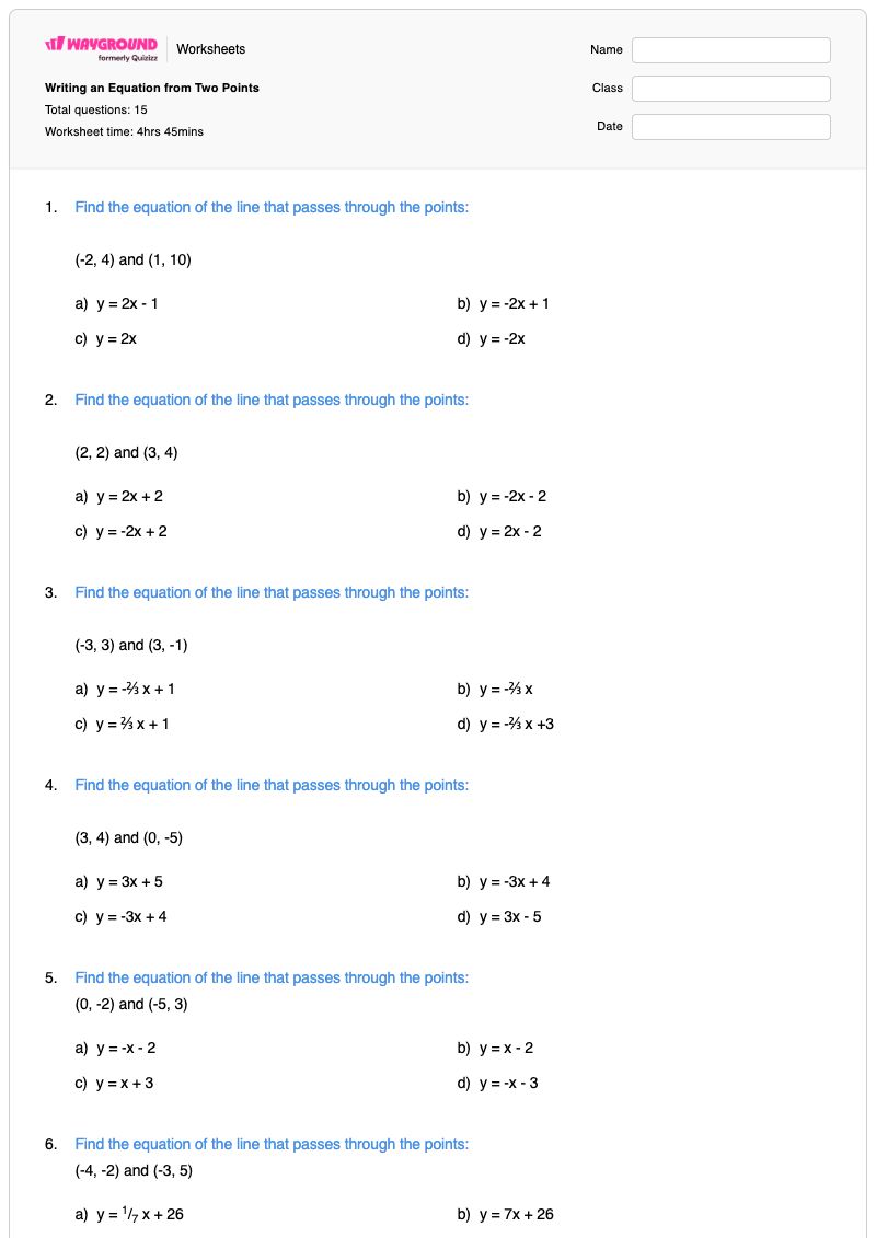 Writing an Equation from Two Points - Printable Equation-of-a-line Worksheets - Wayground