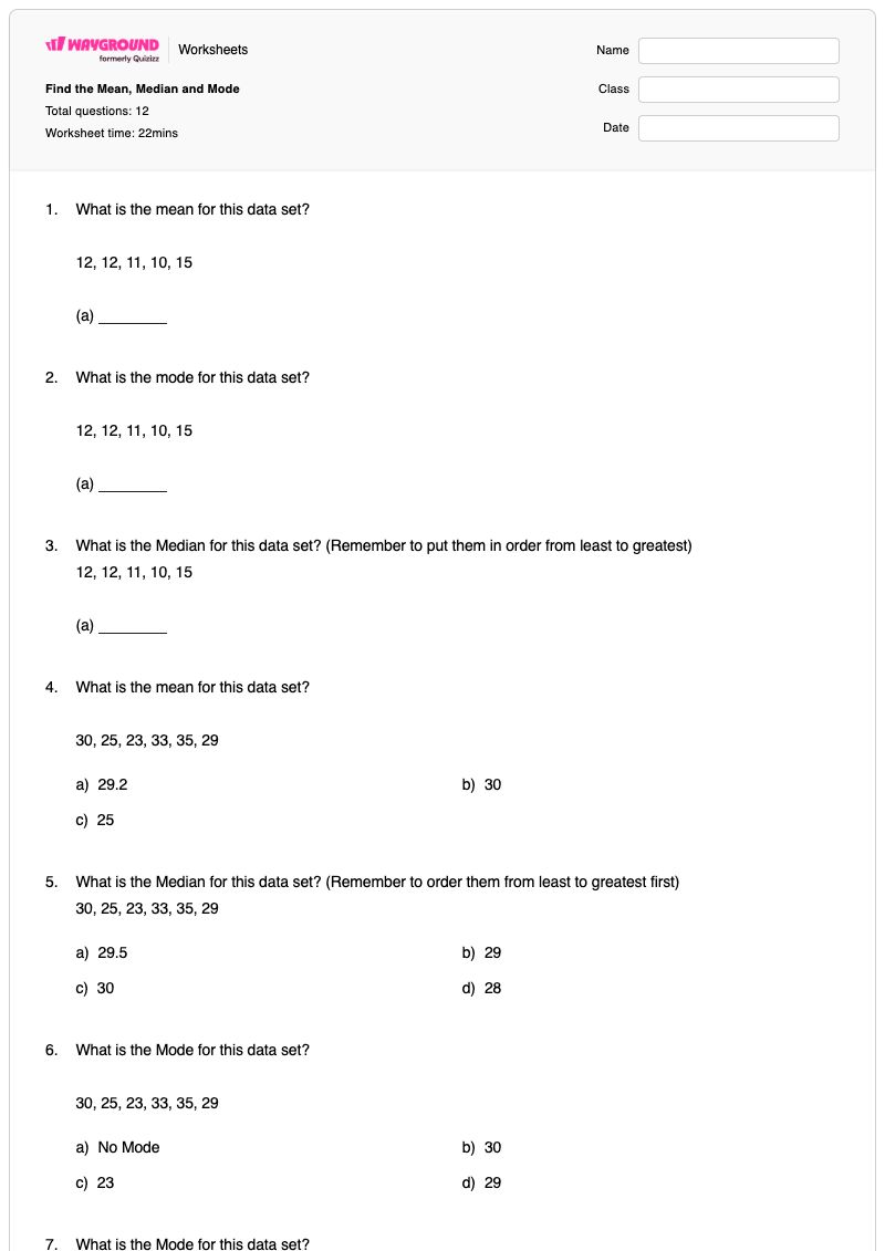 Find the Mean, Median and Mode - Printable Mean-median-and-mode Worksheets - Wayground